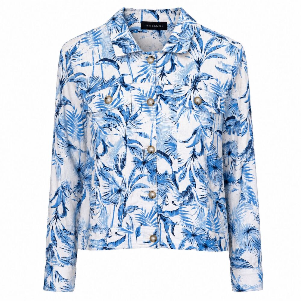 Tahari Blue Tropical Print Boxy Button Front Shirt Jacket Size L
